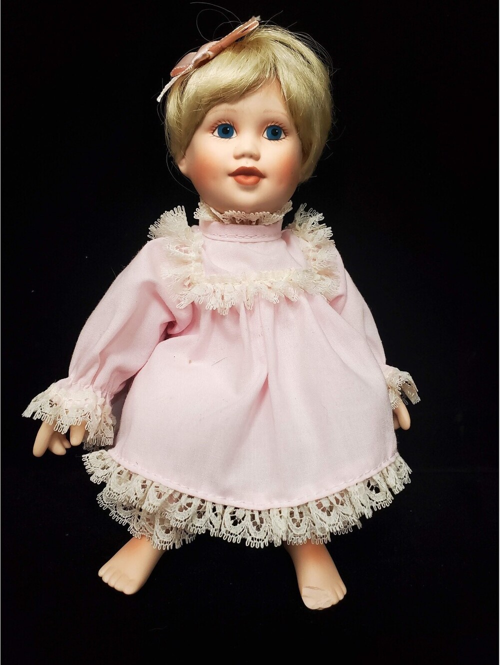 1991 Vintage Porcelain Baby Doll with Blonde Hair and Pink Lace Dress